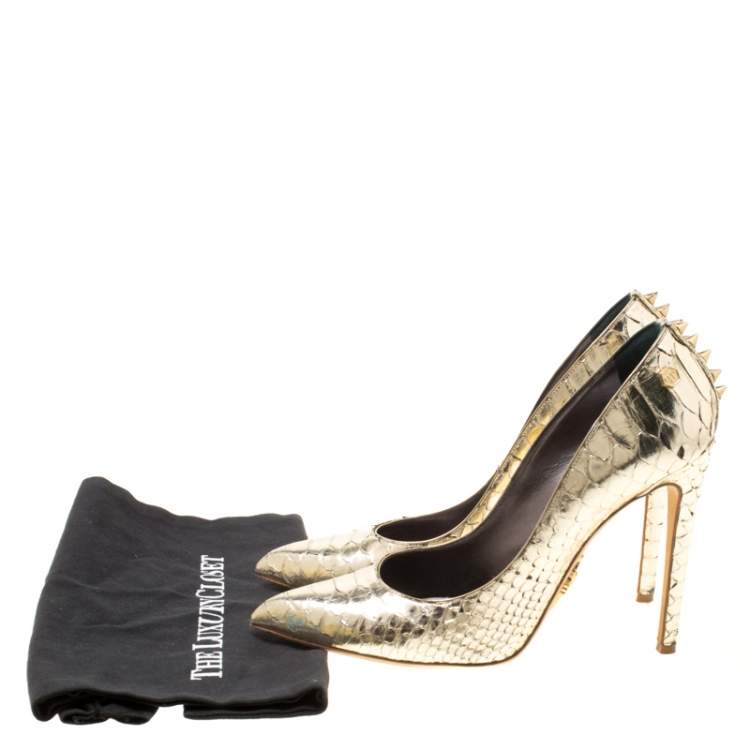 Pre Owned Philipp Plein Metallic Gold Python Studded Pointed Toe Pumps Size 40