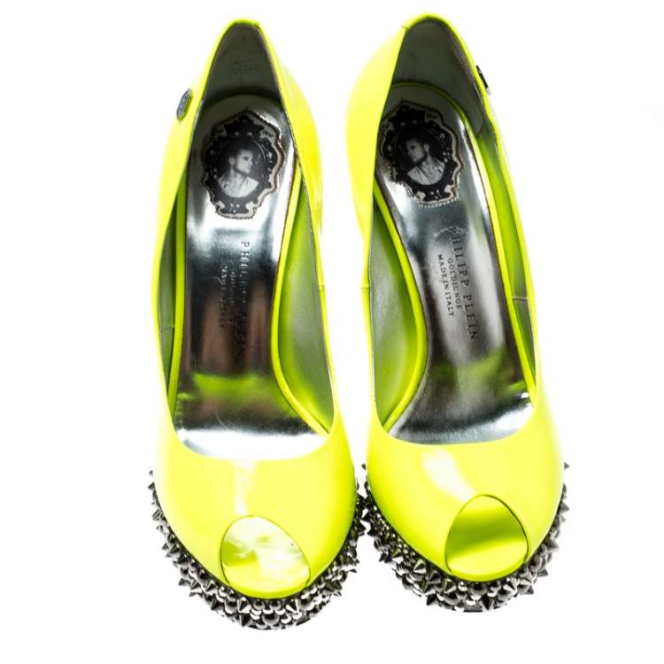 Pre Owned Philipp Plein Neon Green Patent Leather Peep Toe Spike Platform Pumps Size 38
