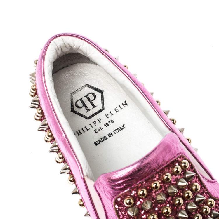 Pre Owned Phillip Plein Pink Leather and Glitter Spike Gall Slip On Sneakers Size 37