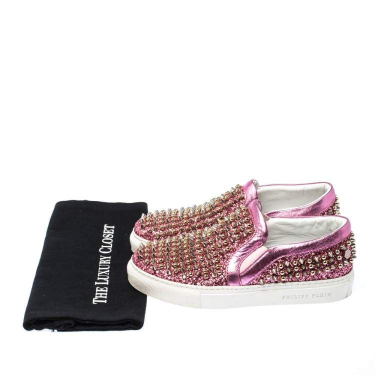 Pre Owned Phillip Plein Pink Leather and Glitter Spike Gall Slip On Sneakers Size 37