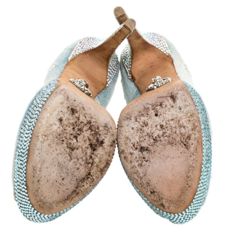 Pre Owned Phillip Plein Blue Crystal Embellished Distressed Denim Peep Toe Platform Pumps Size 39 