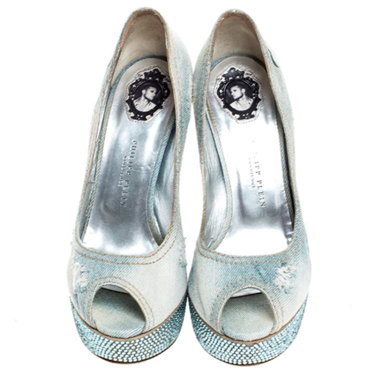 Pre Owned Phillip Plein Blue Crystal Embellished Distressed Denim Peep Toe Platform Pumps Size 39 