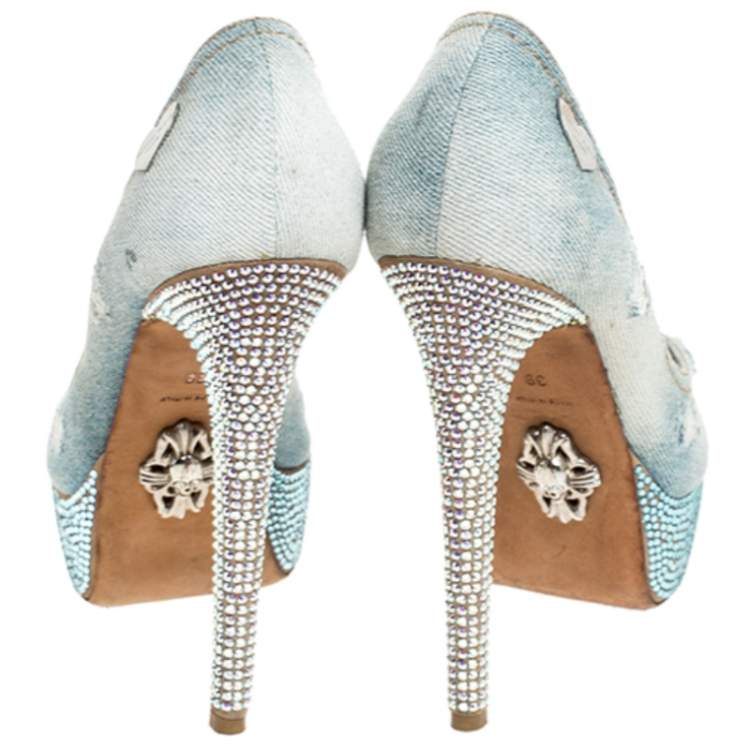 Pre Owned Phillip Plein Blue Crystal Embellished Distressed Denim Peep Toe Platform Pumps Size 39 