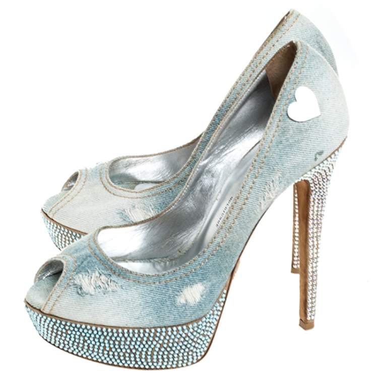 Pre Owned Phillip Plein Blue Crystal Embellished Distressed Denim Peep Toe Platform Pumps Size 39 
