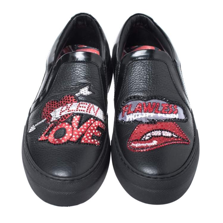 Pre Owned Phillip Plein Black Leather Busybody Slip On Sneakers 38
