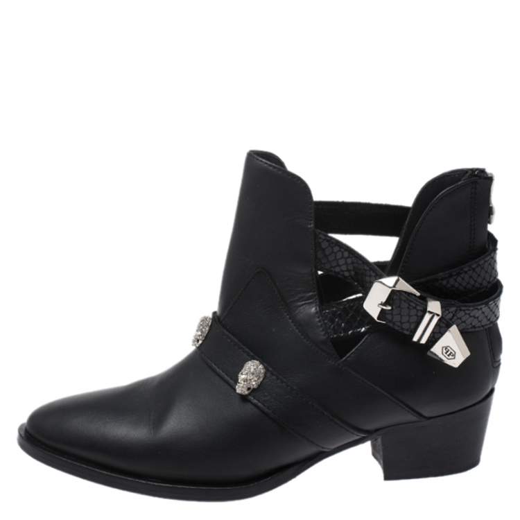 Pre Owned Philipp Plein Black Leather Skull Detail Ankle Boots Size 37