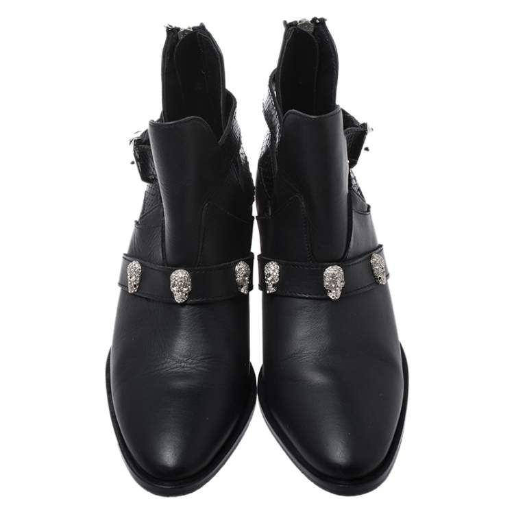Pre Owned Philipp Plein Black Leather Skull Detail Ankle Boots Size 37