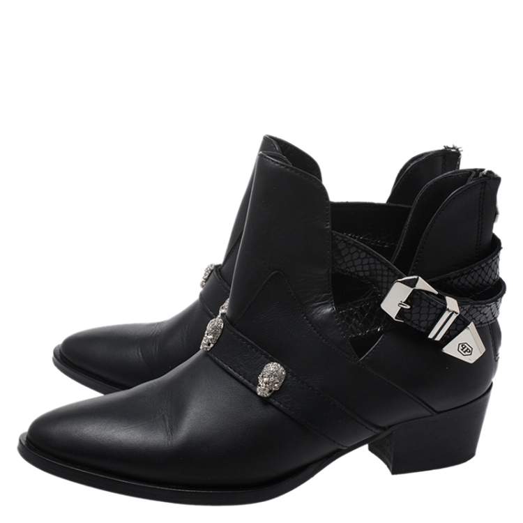 Pre Owned Philipp Plein Black Leather Skull Detail Ankle Boots Size 37