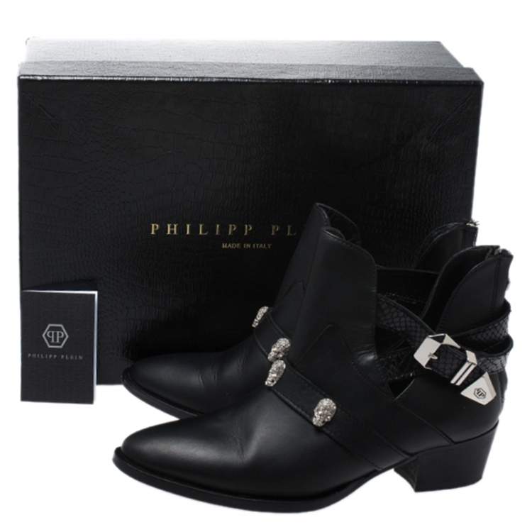 Pre Owned Philipp Plein Black Leather Skull Detail Ankle Boots Size 37