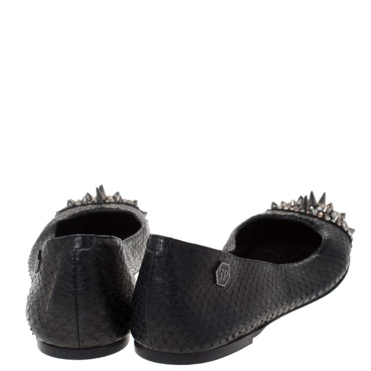 Pre Owned Philipp Plein Black Python Spike Ballet Flats Size 38.5