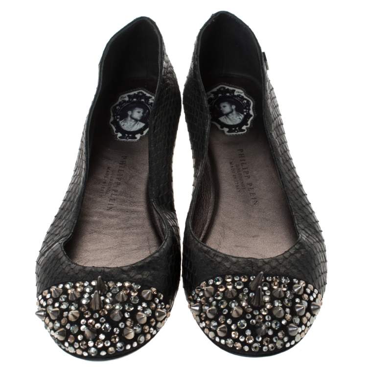 Pre Owned Philipp Plein Black Python Spike Ballet Flats Size 38.5
