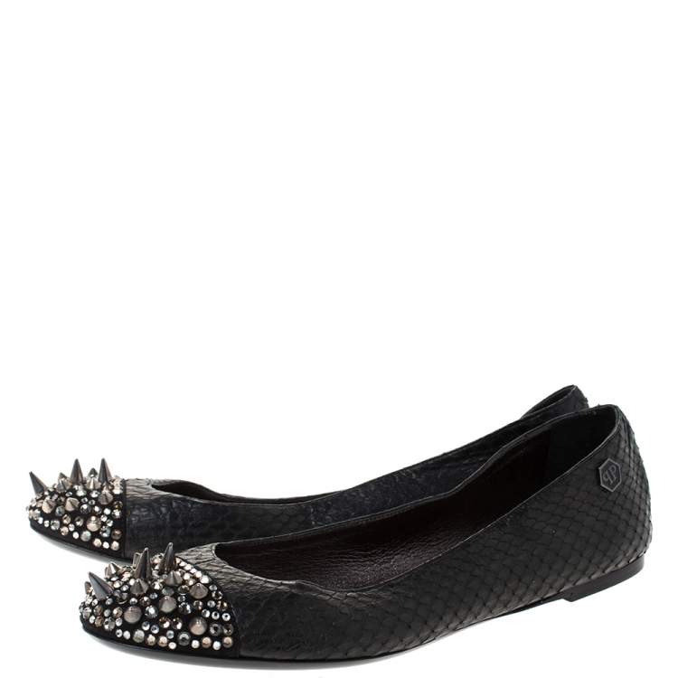 Pre Owned Philipp Plein Black Python Spike Ballet Flats Size 38.5