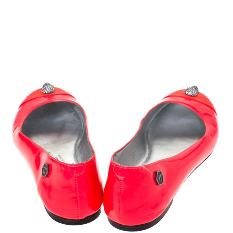 Pre Owned Philipp Plein Neon Pink Patent Leather Embellished Skull Cap Toe Ballet Flats Size 37.5