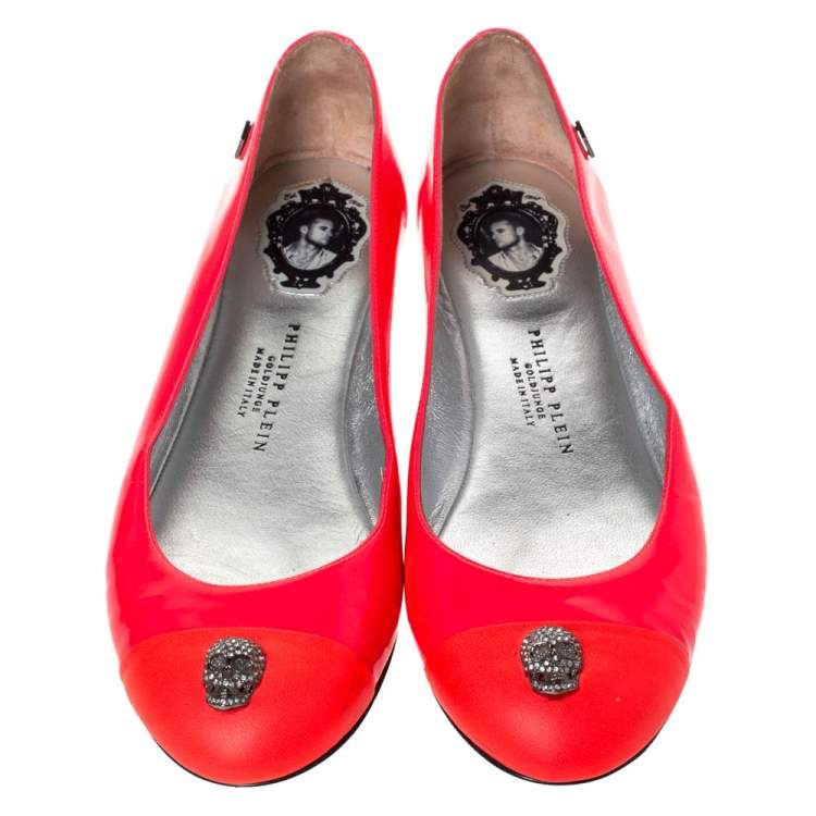 Pre Owned Philipp Plein Neon Pink Patent Leather Embellished Skull Cap Toe Ballet Flats Size 37.5