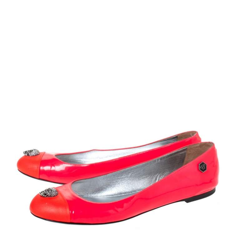 Pre Owned Philipp Plein Neon Pink Patent Leather Embellished Skull Cap Toe Ballet Flats Size 37.5