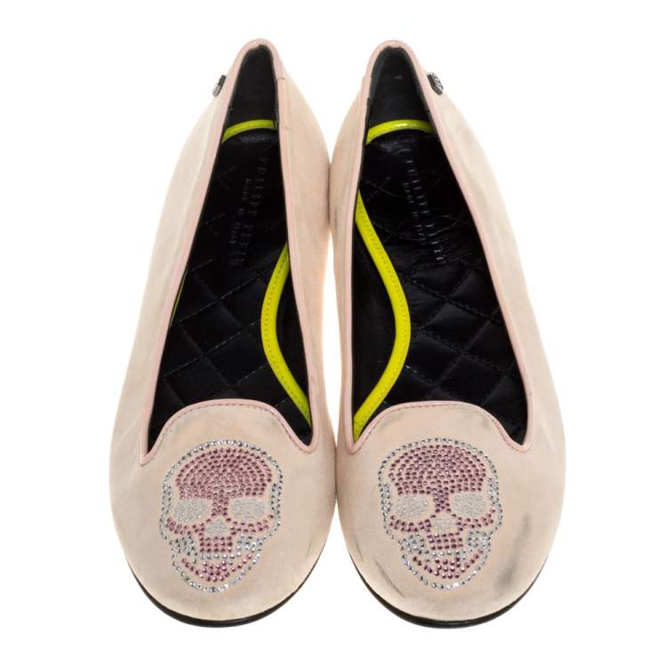 Pre Owned Philipp Plein Beige Suede Diamante Skull Flats Size 40.5