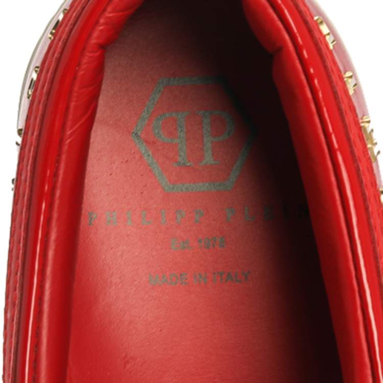 Pre Owned Philipp Plein Red Leather Skull Embellished Slip On Sneakers Size 38