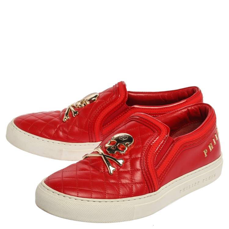 Pre Owned Philipp Plein Red Leather Skull Embellished Slip On Sneakers Size 38