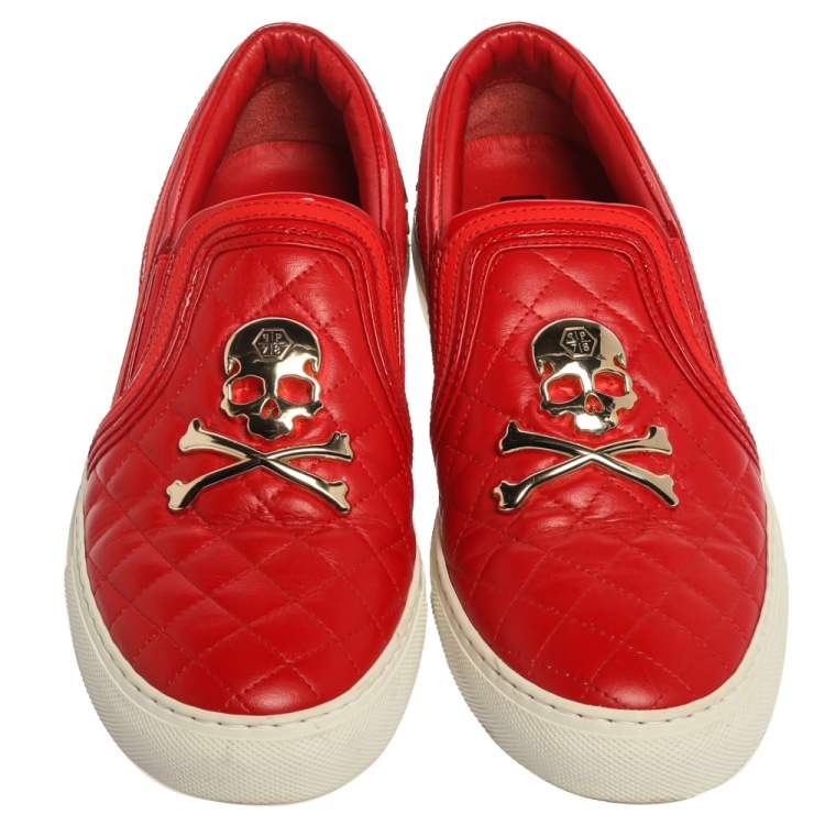 Pre Owned Philipp Plein Red Leather Skull Embellished Slip On Sneakers Size 38