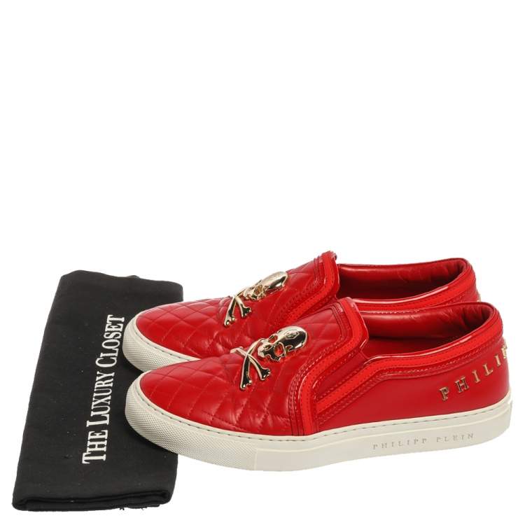Pre Owned Philipp Plein Red Leather Skull Embellished Slip On Sneakers Size 38