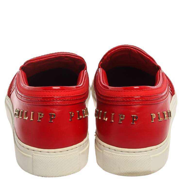 Pre Owned Philipp Plein Red Leather Skull Embellished Slip On Sneakers Size 38