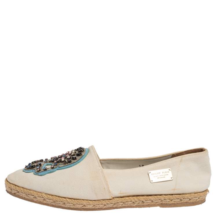 Pre Owned Philipp Plein White Canvas Crystal Embellished Skull Espadrilles Size 38 