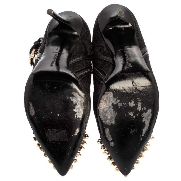 Pre Owned Phillip Plein Black Lace And Leather Studded Cap Toe Ankle Booties Size 37