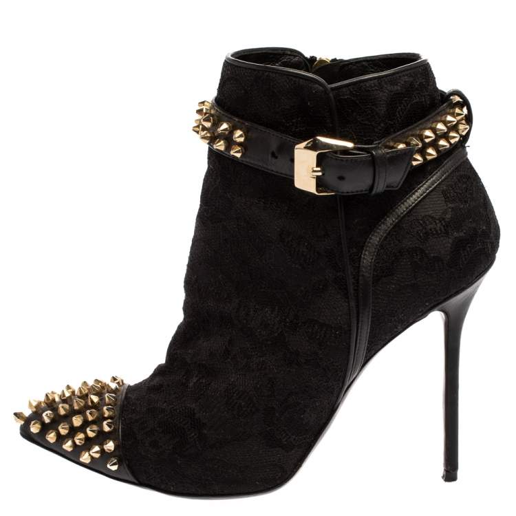 Pre Owned Phillip Plein Black Lace And Leather Studded Cap Toe Ankle Booties Size 37