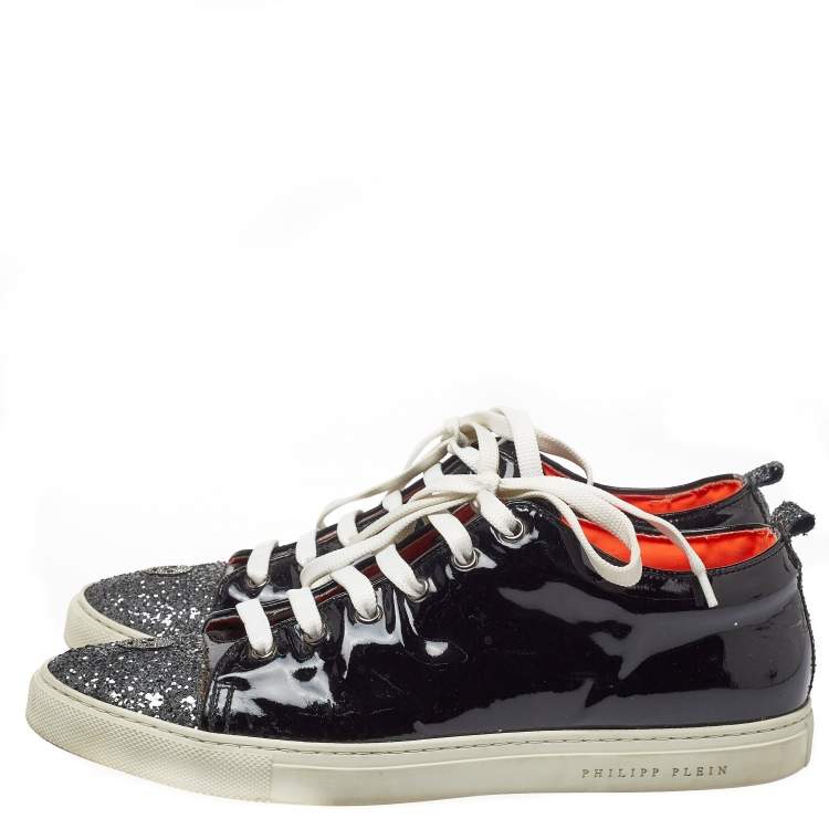 Pre Owned Philipp Plein Black Patent Leather Skull Glittered Cap Toe Low Top Sneakers Size 40.5