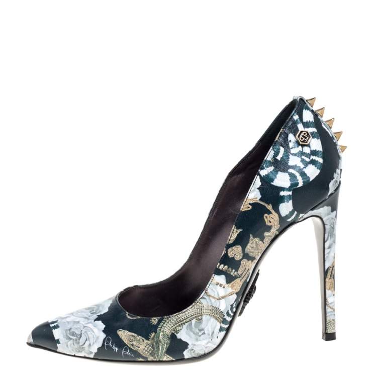 Pre Owned Philipp Plein Green Printed Leather Spike Pumps Size 39