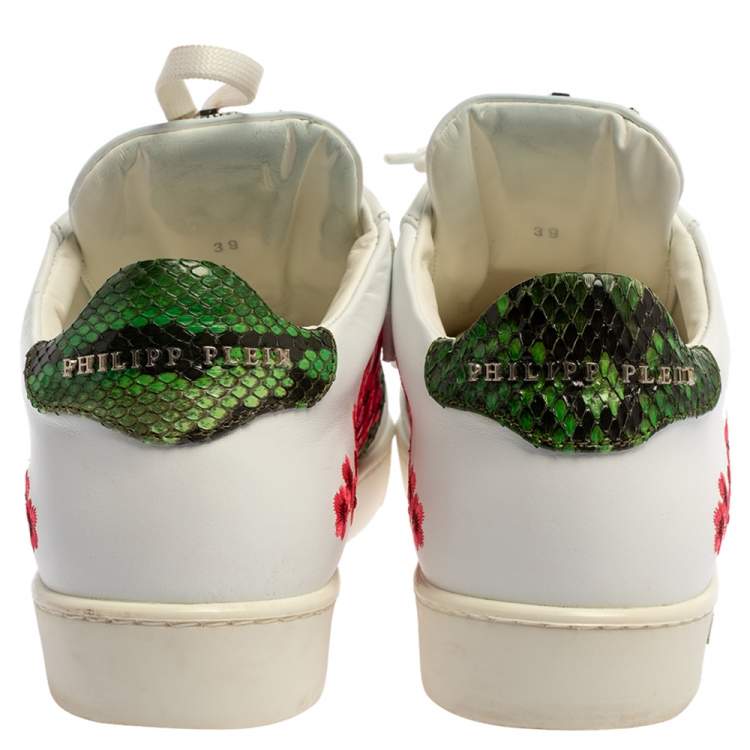 مملوكة مسبقًا Philipp Plein White Floral Embroidered Leather And Python Trim Embellished Low Top Sneakers Size 39