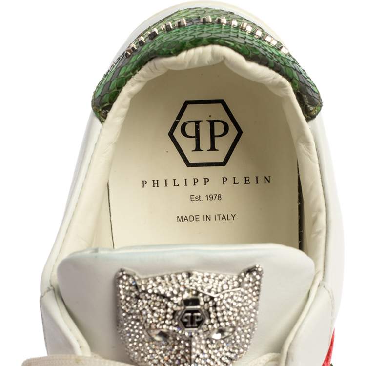 مملوكة مسبقًا Philipp Plein White Floral Embroidered Leather And Python Trim Embellished Low Top Sneakers Size 39