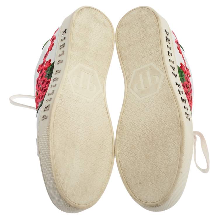 مملوكة مسبقًا Philipp Plein White Floral Embroidered Leather And Python Trim Embellished Low Top Sneakers Size 39