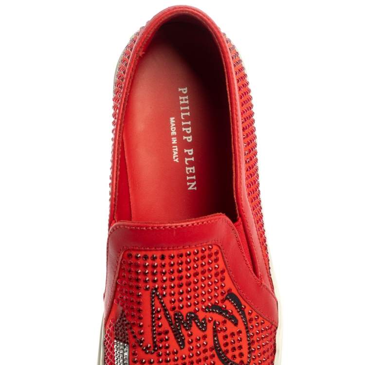 Pre Owned Philipp Plein Red Satin And Leather Trims Crystal Embellished Slip On Sneakers Size 39