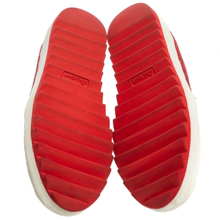 Pre Owned Philipp Plein Red Satin And Leather Trims Crystal Embellished Slip On Sneakers Size 39