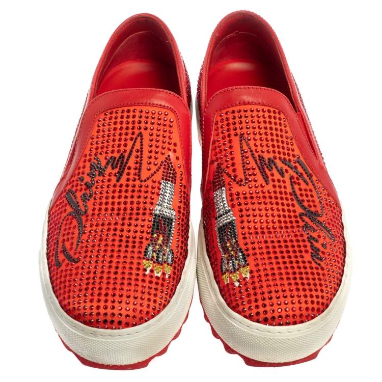 Pre Owned Philipp Plein Red Satin And Leather Trims Crystal Embellished Slip On Sneakers Size 39
