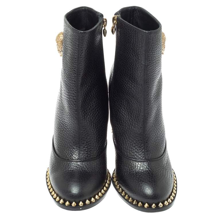 Pre Owned Philipp Plein Black Leather Skull Embellished/Studded Ankle Boots Size 39
