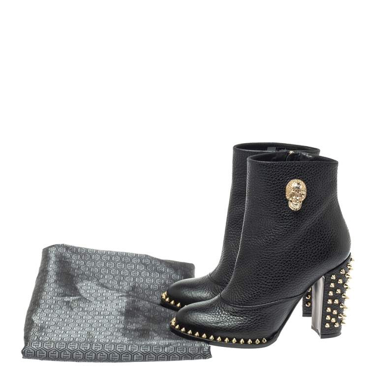 Pre Owned Philipp Plein Black Leather Skull Embellished/Studded Ankle Boots Size 39