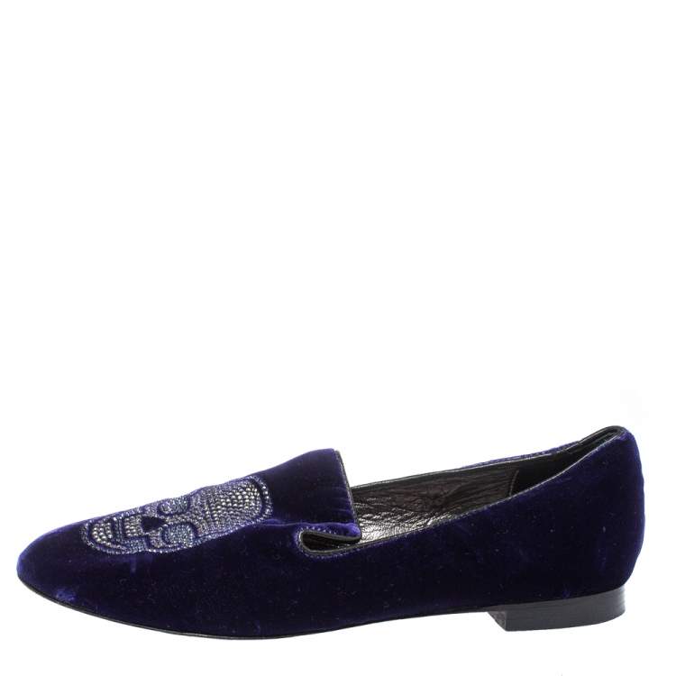 Pre Owned Philipp Plein Purple Velvet Crystal Skull Smoking Slippers Size 35