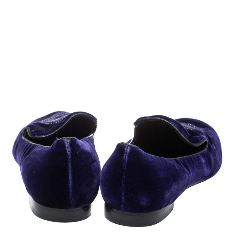 Pre Owned Philipp Plein Purple Velvet Crystal Skull Smoking Slippers Size 35