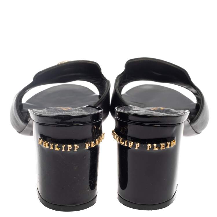 Pre Owned Philipp Plein Black Leather Skull Embellished Slide Sandals Size 40