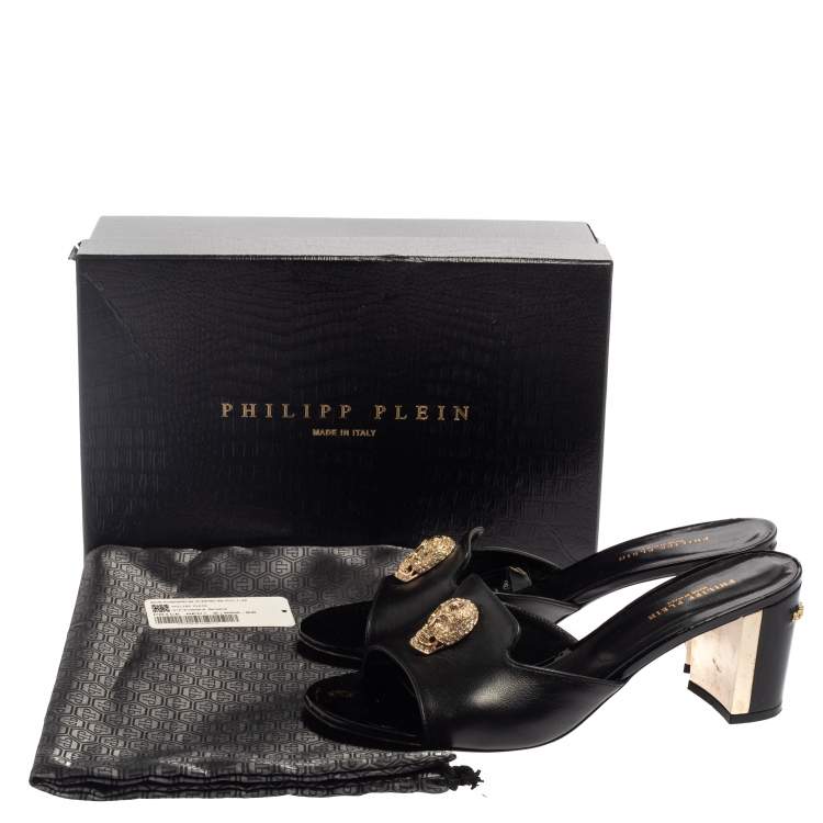 Pre Owned Philipp Plein Black Leather Skull Embellished Slide Sandals Size 40