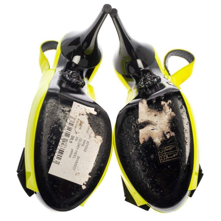 Pre Owned Philipp Plein Neon Green/Black Patent Leather Bow Skull Slingback Sandals Size 39.5
