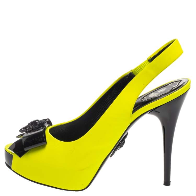 Pre Owned Philipp Plein Neon Green/Black Patent Leather Bow Skull Slingback Sandals Size 39.5