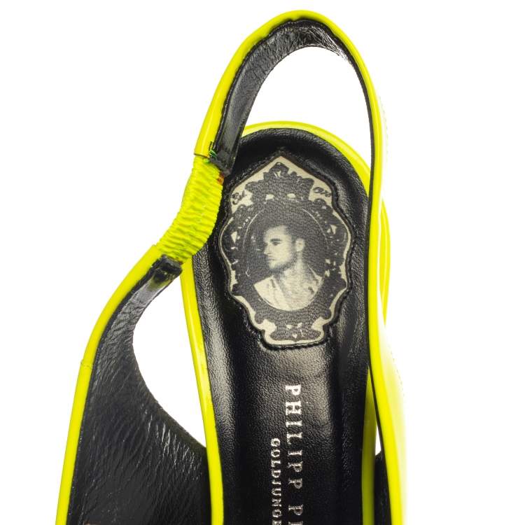 Pre Owned Philipp Plein Neon Green/Black Patent Leather Bow Skull Slingback Sandals Size 39.5