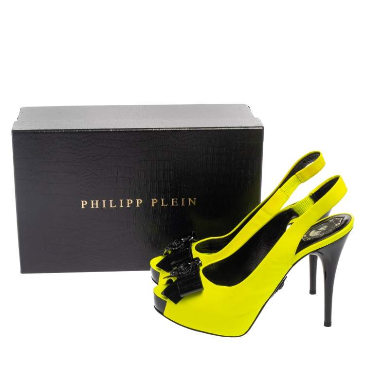 Pre Owned Philipp Plein Neon Green/Black Patent Leather Bow Skull Slingback Sandals Size 39.5