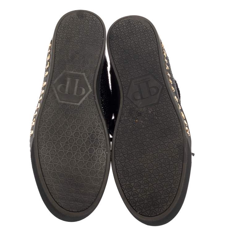 Pre Owned Philipp Plein Black Leather And Suede Crystal Embellished Fur Trim High Top Sneakers Size 39