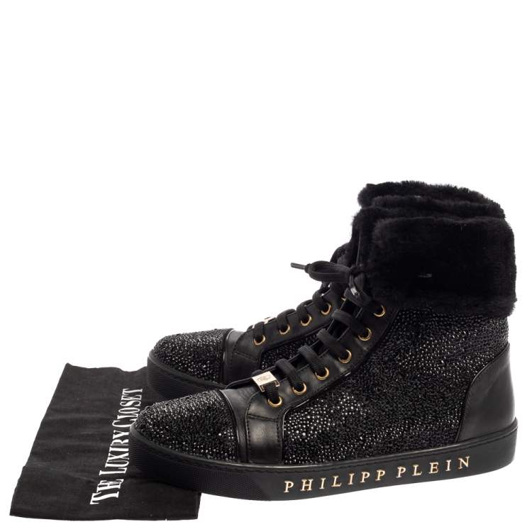 Pre Owned Philipp Plein Black Leather And Suede Crystal Embellished Fur Trim High Top Sneakers Size 39