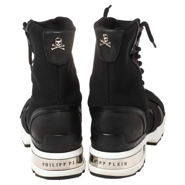 Pre Owned Philipp Plein Black Elastic And Mesh Slip On High Top Sneakers Size 39