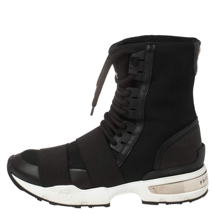 Pre Owned Philipp Plein Black Elastic And Mesh Slip On High Top Sneakers Size 39